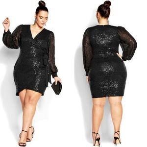 New! City Chic Nadia Dress sequin long sleeve black, plus size 24